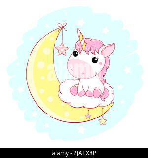 Carino baby card in stile kawaii. Adorabile unicorno seduto sulla nuvola sulla luna. Può essere usato per le stampe della t-shirt del bambino, il manifesto del nursery, gre dell'acquazzone del bambino Illustrazione Vettoriale