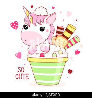 Carino baby card in stile kawaii. L'unicorno e il gelato erano deliziosi. Iscrizione così carina. Può essere utilizzato per la stampa di t-shirt, adesivi, biglietti d'auguri. Vet Illustrazione Vettoriale