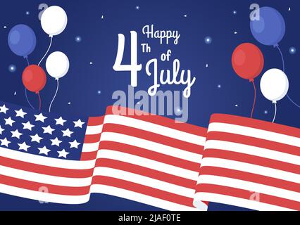 4th luglio Happy Independence Day USA Holiday Cartoon Illustrazione con bandiera, palloncino o fuochi d'artificio natalizi per poster o modello di sfondo Illustrazione Vettoriale