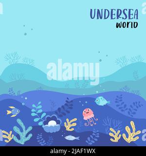 Poster quadrato tropicale con fondale marino, paesaggio di mondo subacqueo e piante, meduse e pesci, corallo e perla. Illustrazione vettoriale per design, dic Illustrazione Vettoriale