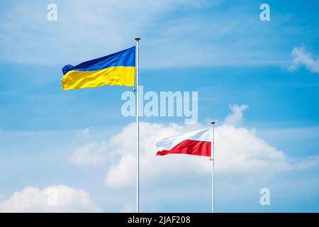 Bandiere di stato di Ucraina e Polonia su flagpoli su sfondo blu cielo nuvoloso. Foto Stock