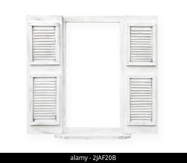 Vecchie persiane in legno retro bianco isolato su bianco. Tracciato di ritaglio incluso. Cornice della finestra per l'immagine con percorso per inserire facilmente l'immagine. Foto Stock