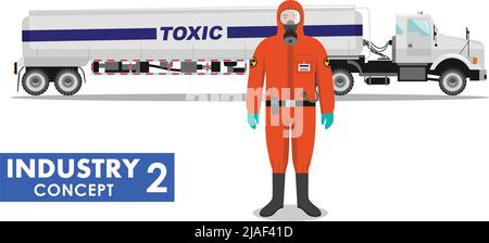 Illustrazione dettagliata del carrello cisterna che trasporta sostanze chimiche, radioattive, tossiche, pericolose e dell'operatore in tuta protettiva su sfondo bianco i Illustrazione Vettoriale