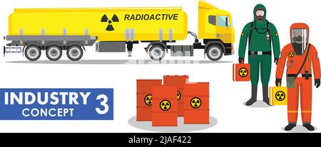 Illustrazione dettagliata del carrello cisterna che trasporta sostanze chimiche, radioattive, tossiche, pericolose e lavoratori in tuta protettiva su sfondo bianco Illustrazione Vettoriale