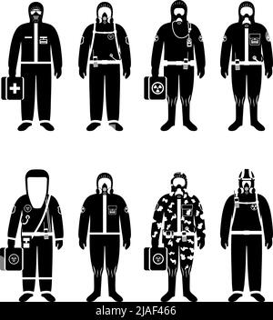 Set di silhouette nere per diverse persone in diversi abiti protettivi in stile piatto. Professione pericolosa. Illustrazione vettoriale. Illustrazione Vettoriale