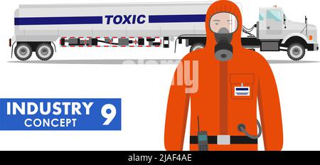 Illustrazione dettagliata del carrello cisterna che trasporta sostanze chimiche, radioattive, tossiche, pericolose e dell'operatore in tuta protettiva su sfondo bianco i Illustrazione Vettoriale