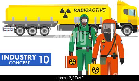 Illustrazione dettagliata del carrello cisterna che trasporta sostanze chimiche, radioattive, tossiche, pericolose e lavoratori in tuta protettiva su sfondo bianco Illustrazione Vettoriale