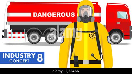 Illustrazione dettagliata del carrello cisterna che trasporta sostanze chimiche, radioattive, tossiche, pericolose e dell'operatore in tuta protettiva su sfondo bianco i Illustrazione Vettoriale