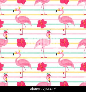 Estate senza cuciture con simpatici fenicotteri rosa in una corona e bicchieri rosa e fiori di ibisco. Illustrazioni vettoriali brillanti in stile cartoon piatto Illustrazione Vettoriale