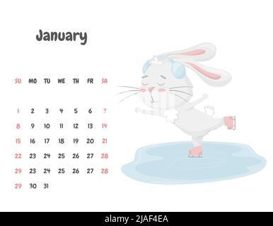 Calendario per il mese di gennaio 2023 con un simpatico coniglio pattinare su una pista di pattinaggio su ghiaccio con cuffie. Adorabile animale, un carattere di colore pastello Illustrazione Vettoriale