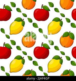 Vivace frutta estiva succosa motivo senza cuciture. Frutta disegnata a mano con un contorno. Limone, arancia, mela. Per tessuti estivi, imballaggi alimentari, tovaglioli. Colon Illustrazione Vettoriale