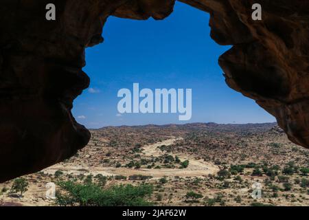 Vista panoramica dalle Grotte di Las Geel alla Valle intorno Foto Stock