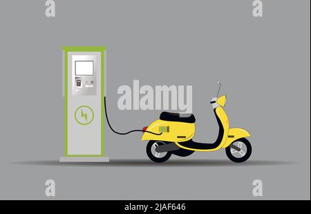 Uno scooter elettrico presso una stazione di ricarica ricarica ricarica ricarica le batterie. Illustrazione vettoriale piatta. Illustrazione Vettoriale