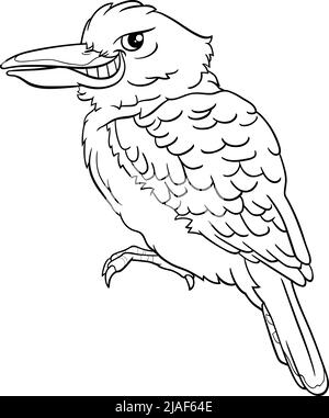 Illustrazione cartoon in bianco e nero di divertente kookaburra uccello animale carattere pagina di colorazione Illustrazione Vettoriale