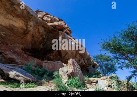 Vista panoramica dalle Grotte di Las Geel alla Valle intorno Foto Stock