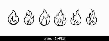 Le icone fuoco si impostano in bianco e nero. Le icone di fuoco nere impostano l'immagine vettoriale. Icona fuoco fiamma, icona nera isolata su sfondo bianco Illustrazione Vettoriale