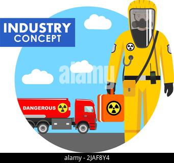 Illustrazione dettagliata del carrello cisterna che trasporta sostanze chimiche, radioattive, tossiche e pericolose e dell'operatore in tuta protettiva piatta. Vettore Illustrazione Vettoriale