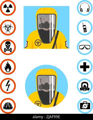 Uomo in tuta protettiva in stile piatto. Professione pericolosa. Icone dei vettori per la sicurezza e la salute sul lavoro. Set di diversi segni di sostanze chimiche, radioacti Illustrazione Vettoriale