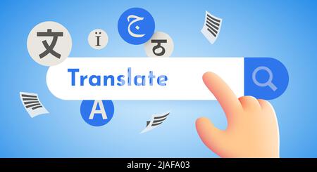 Cartoon mano alla ricerca di una traduzione utilizzando Internet. Illustrazione vettoriale Illustrazione Vettoriale