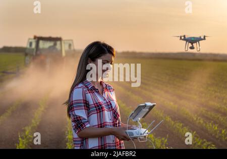 Donna contadina piuttosto giovane che guida drone con telecomando davanti al trattore in campo di soia in primavera alla sera Foto Stock