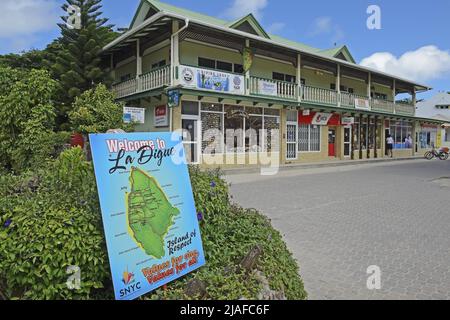 Accesso all'isola la Digue nel villaggio la Passe, Seychelles Foto Stock