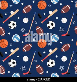 Modello sportivo di squadra. Sfondo senza cuciture con palle per calcio e football americano, basket. Illustrazione vettoriale piatta di baseball e hockey equi Illustrazione Vettoriale