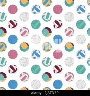 Pallavolo. Sfondo bianco senza cuciture con palle per il gioco di pallavolo. Modello sportivo piatto vettoriale. Illustrazione Vettoriale