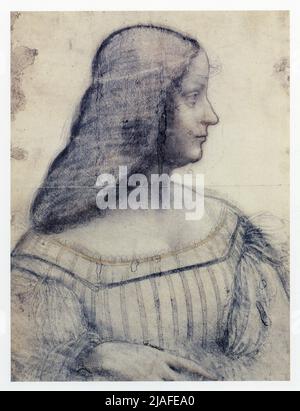 LEONARDO DA VINCI. RITRATTO DI ISABELLA D'ESTE. 1499. CARBONE, GESSO NERO E PASTELLO SU CARTA , PUNZONATO PER IL TRASFERIMENTO. 63 CM X 46 CM Foto Stock