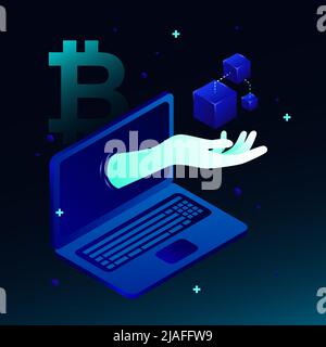 Tenere a mano i cubi isometrici del portatile. Illustrazione isometrica. Illustrazione vettoriale Illustrazione Vettoriale