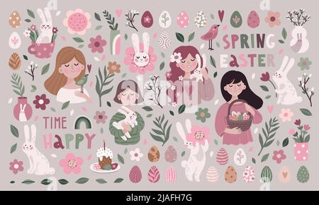 Grande primavera set decorazione Pasqua Illustrazione Vettoriale
