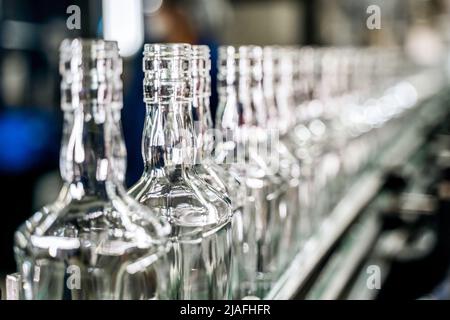 Fabbrica di bevande alcoliche. Bottiglie sul nastro trasportatore della macchina riempitrice e tappatrice per la pulizia delle bottiglie Foto Stock