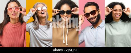 Collage di file di foto con diverse persone che indossano diversi occhiali da sole, pubblicità elegante accessori o negozio ottico. Persone in occhiali da sole godendo il tempo di sole Foto Stock