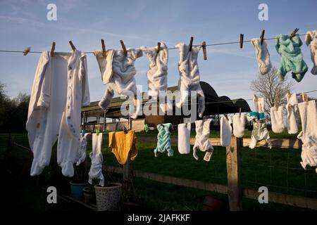 I VESTITI DEL BAMBINO CHE ASCIUGANO NEL SOLE AD UNA FATTORIA IN WILTSHIRE, INGHILTERRA, REGNO UNITO Foto Stock