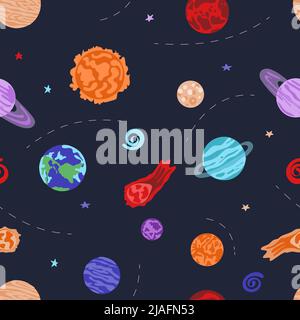 Motivo di spazio senza cuciture. Pianeti, meteoriti nebulose e stelle. Fondo cosmico infantile. Illustrazione vettoriale dell'universo disegnata a mano. Illustrazione Vettoriale