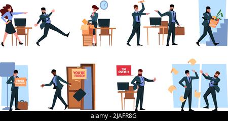 Triste ignora i manager. Arrabbiato ufficio boss disoccupazione caratteri depressi piangere persona garish vettore flat personaggi in stile cartoon Illustrazione Vettoriale