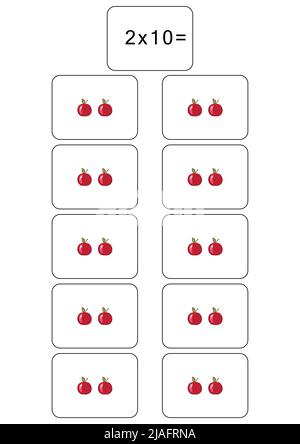 Tabella di moltiplicazione di 2. Scheda matematica con un esempio, disegno. Quadrato di moltiplicazione, illustrazione vettoriale. Prodotto stampato, striscione, tabella per Illustrazione Vettoriale