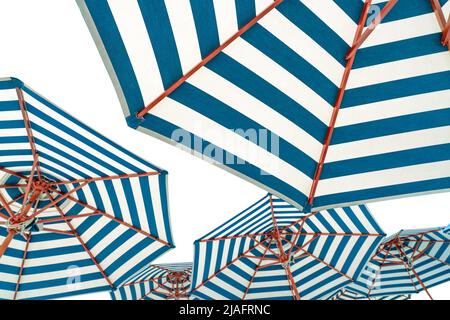 Ombrelloni da spiaggia isolati su sfondo bianco. Ombrellone a strisce blu e bianche per vacanze estive. Ombrellone per spiaggia tropicale in estate. Foto Stock