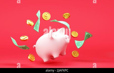 Banca bianca del piggy con le fatture e le monete del dollaro cadenti su sfondo rosso Foto Stock