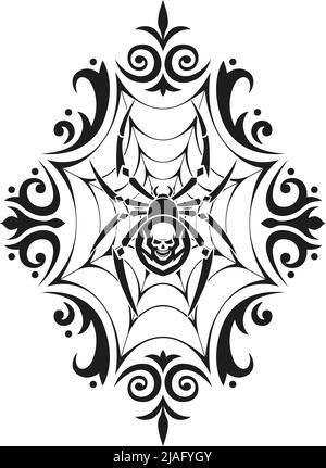 Ragno con motivo cranio. Il ragno siede al centro della sua rete. Motivo vintage. Illustrazione Vettoriale