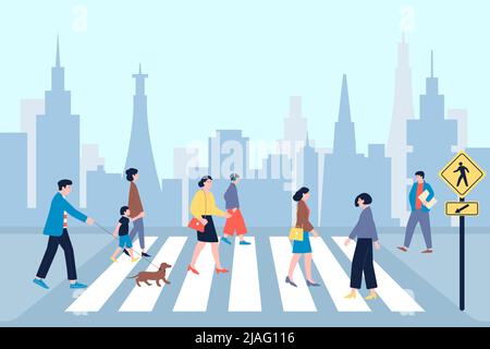 Crosswalk. Traffico stradale, centro pedonale e gente affollata. Pedoni urbani sulla strada, uomo donna capretto a piedi in città, recente scena vettoriale Illustrazione Vettoriale