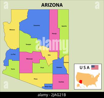 Mappa dell'Arizona. Mappa dello stato e del distretto dell'Arizona. Mappa amministrativa e politica dell'Arizona con paesi e confini vicini. Illustrazione Vettoriale