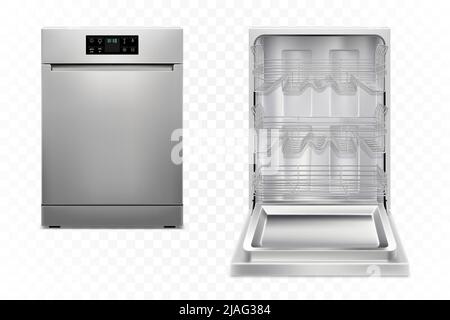 Lavastoviglie con porta aperta, chiusa, isolata su sfondo bianco. Concetto di elettrodomestici intelligenti. Vista frontale. Display digitale. Colore argento. REA Illustrazione Vettoriale