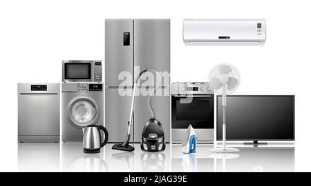 Un set di elettrodomestici: forno a microonde, lavatrice, frigorifero, aspirapolvere, ferro da stiro, piano cottura, ventilatore, aria condizionata, TV, lavastoviglie, kettl Illustrazione Vettoriale