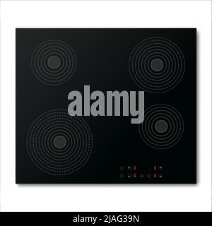 Piano cottura elettrico a induzione con quattro bruciatori Power Boost. Attrezzatura domestica. Superficie liscia realistica vetro nero ceramico. Piano cottura elettrico. Top vi Illustrazione Vettoriale