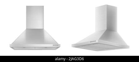 Cappe da cucina in due diverse angolazioni. Elettrodomestici. Immagine vettoriale realistica a 3D° isolata su sfondo bianco Illustrazione Vettoriale