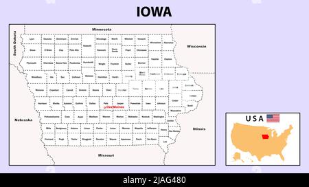 Mappa dell'Iowa. Mappa politica dell'Iowa con confini di colore bianco. Illustrazione Vettoriale