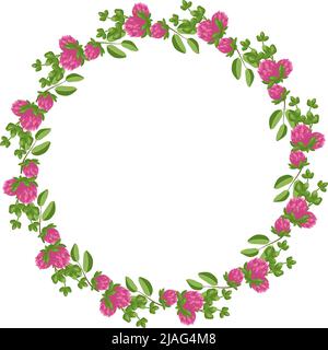 Corona di fiori rosa trifoglio. Telaio rotondo, pianta luminosa carina con foglie di shamrock. Decorazioni natalizie per matrimoni, feste, cartoline, poster e design. Illustrazione piatta vettoriale Illustrazione Vettoriale