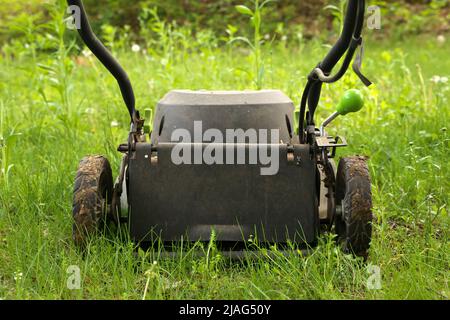 Falciatrice da prato ad angolazione ridotta pronta per il taglio di erba lunga o per illustrare il concetto di aiutare le api Foto Stock