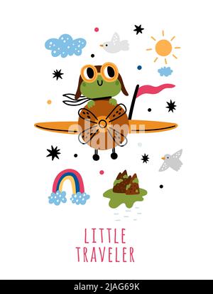 Animali carta piloti. Personaggio della rana che vola in aereo. Aeroplano con aviatore carino. Cartoon anfibio. Froglets avventura. Piccolo viaggiatore. Unità Toad Illustrazione Vettoriale