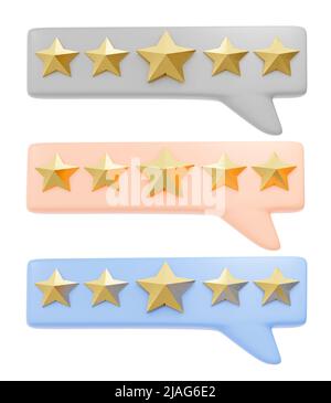 set di tre icone con cinque stelle di valutazione d'oro. 3d rendering Foto Stock